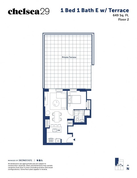 Floor plan for 1 bed, 1 bath, 649 sqft